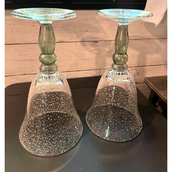 2 Pottery Barn Controlled Bubble Goblets With Clear Glass & Green Stem - Picture 3 of 4